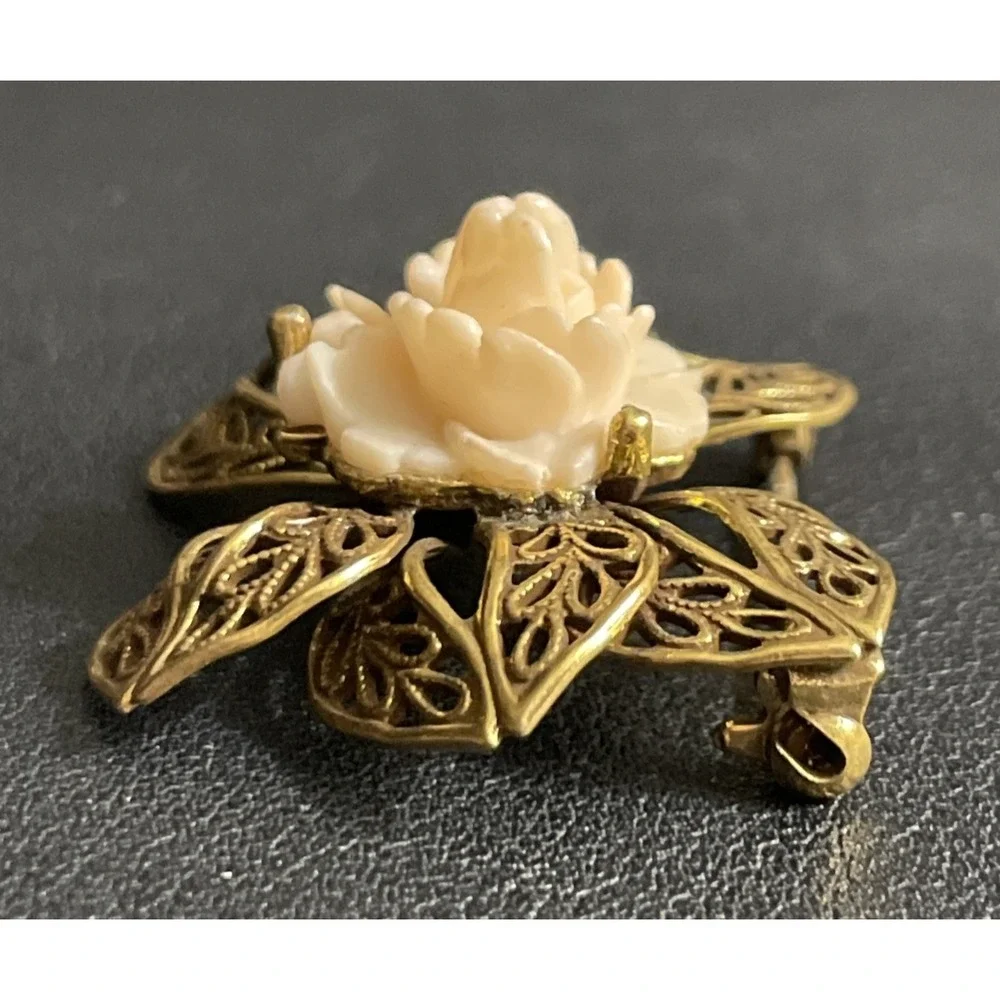 Vintage Filigree Bow Brooch Victorian Revival Gold Tone Peach Flower Pin Jewelry